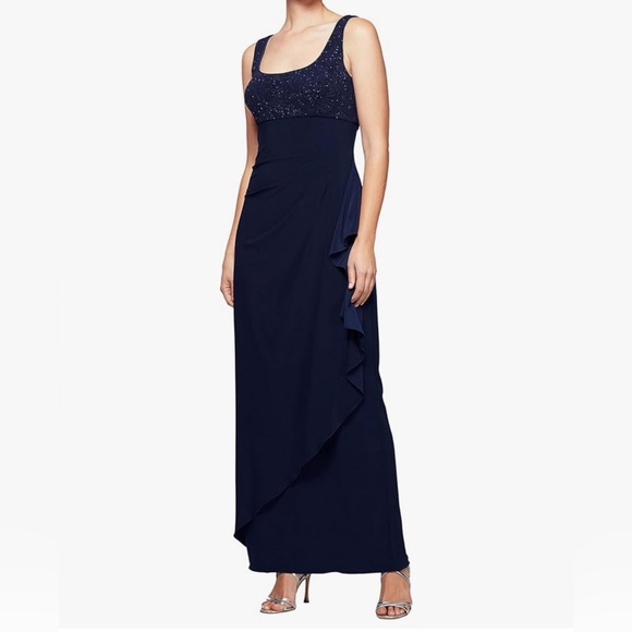 sachin and babi light blue dress ALEX EVENINGS Womens Navy Lace Zippered Sequined Scalloped Lined Floral 3/4  Sleeve Crew Neck Full-Length Evening Gown Dress 6